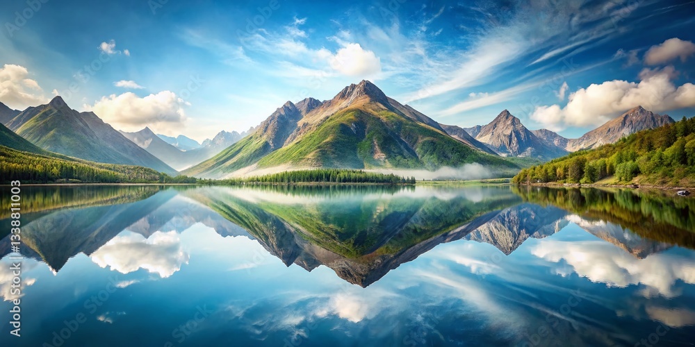 Serene Mountain Valley Lake: Birds-Eye View Double Exposure Stock Photo
