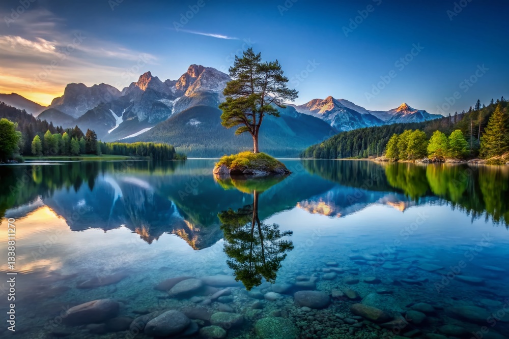 Serene Mountain Lake at Dusk: Solitary Tree Reflecting Majestic Peaks