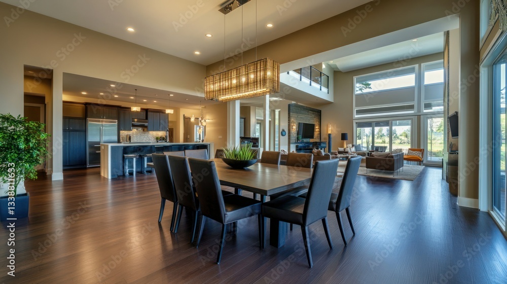 Modern open-concept dining room with kitchen and living area Modern open-concept dining room with kitchen and living area