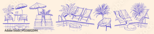 Hotel swimming pool line illustration set, hand drawn tropical palm resort rest outline vector print. Summer holiday outdoor doodle, simple luxury villa spa relax lounger zone. Paradise swimming pool