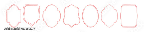 Pink scribble frame set, wedding doodle vector border, romantic cute hand drawn pencil kit design. Wax crayon hatched texture shield, abstract geometric grunge shape elements. Vintage scribble frame