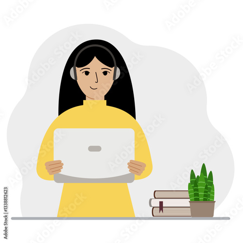 Woman with laptop and headphones. Working from home, student, freelancer, assistant, blogger or businessman. Home office concept.