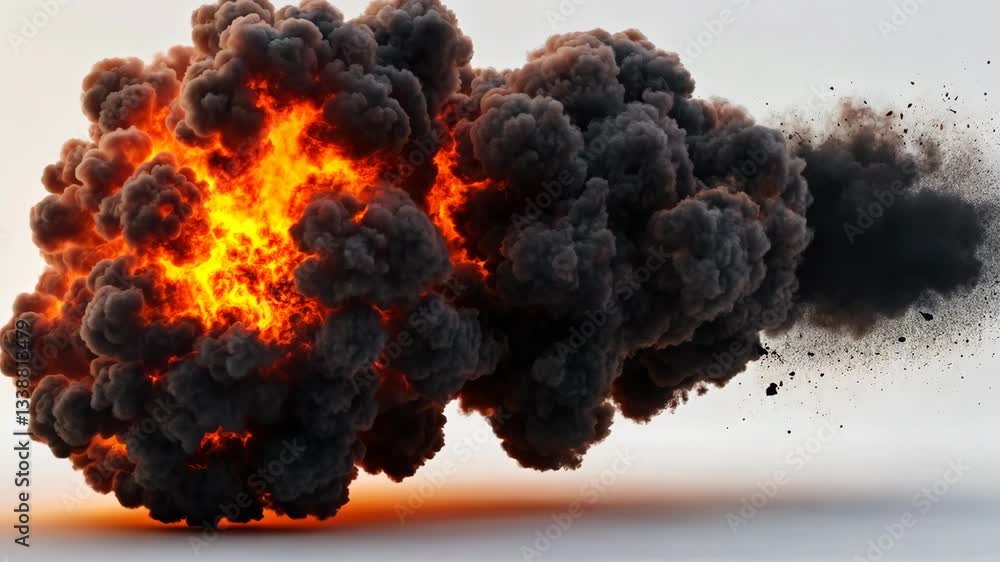 Massive explosion creating thick black smoke and bright flames in a dramatic display of power and destruction