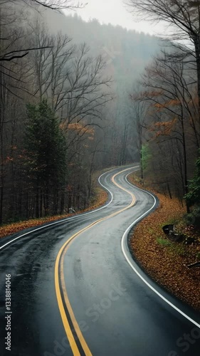 Wallpaper Mural Winding road through a misty forest during autumn with vibrant foliage and wet pavement Torontodigital.ca