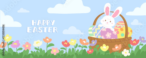 "Happy Easter" typography with cute white rabbit and Easter egg basket is on the flowers garden with sky and cloud banner. Lovely Easter day poster for egg hunt. Spring festival celebration.