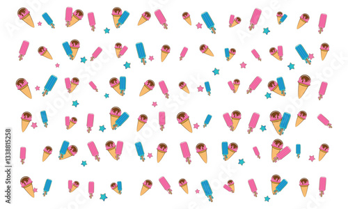Colorful Ice Cream and Popsicle Seamless Pattern with Summer Vibes on White Background