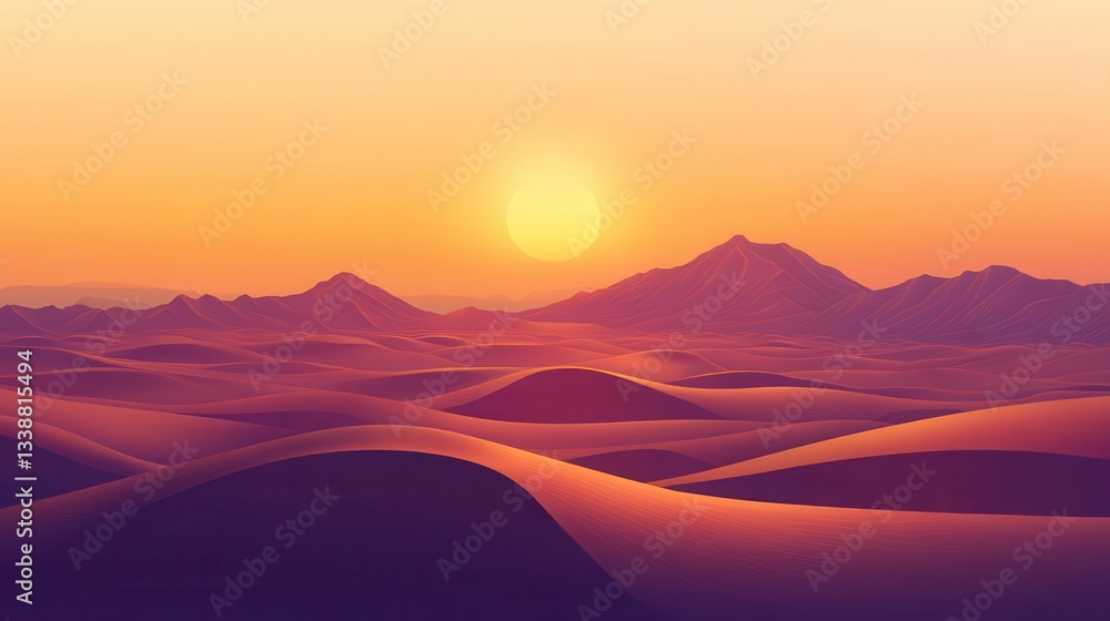 Serene Sunset over Rolling Desert Dunes and Majestic Mountains Serene Sunset over Rolling Desert Dunes and Majestic Mountains