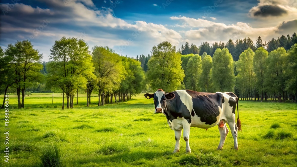 Serene Black and White Cow Grazing in Peaceful Pastoral Field, Panoramic View Serene Black and White Cow Grazing in Peaceful Pastoral Field, Panoramic View