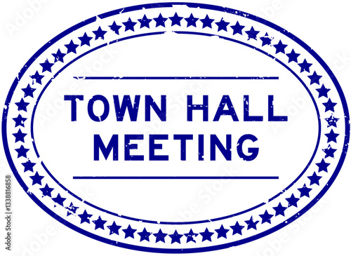 Grunge blue town hall meeting word oval seal stamp on white background