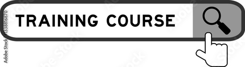 Search banner in word training course with hand over magnifier icon on white background