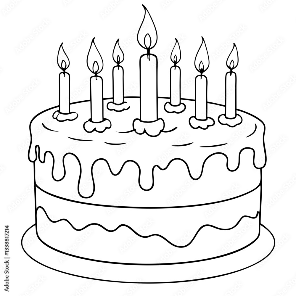 Birthday cake with candles in a simple line art style Birthday cake with candles in a simple line art style