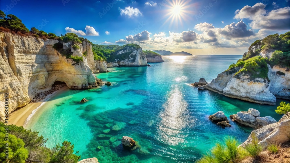 Fototapeta premium Secluded Turquoise Bay, White Cliffs, Sunny Sky - Bokeh Effect Stock Photo