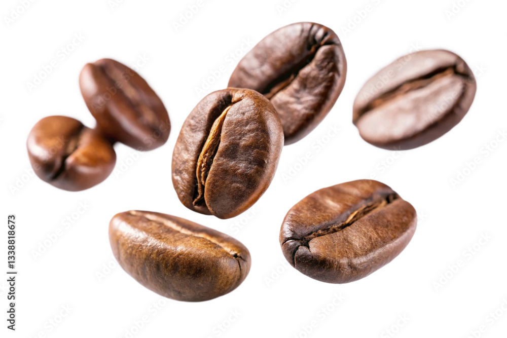 Closeup of Roasted Coffee Beans in Air Floating on Black Background Closeup of Roasted Coffee Beans in Air Floating on Black Background