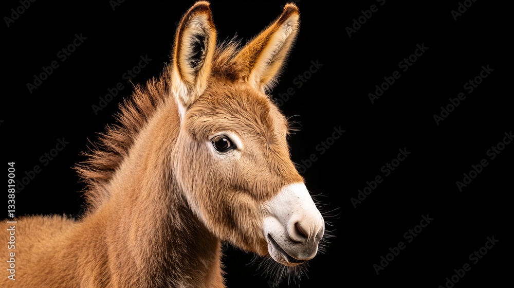 Fototapeta premium Donkey stares intently to the left against a solid black background, showcasing its soft brown fur and attentive ears, with a light colored muzzle pro