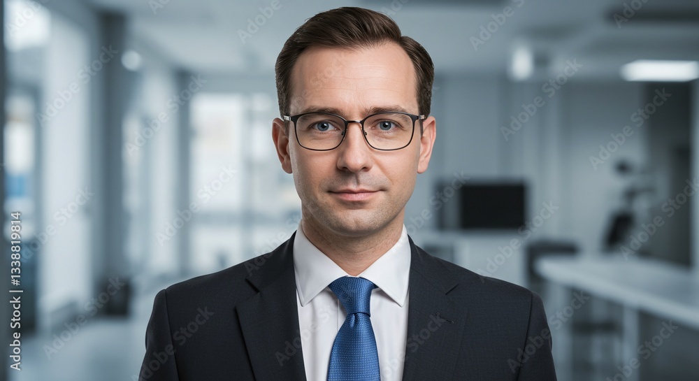 Confident Executive Portrait: A poised businessman, radiating professionalism and authority, gazes directly at the viewer in a dynamic portrait.