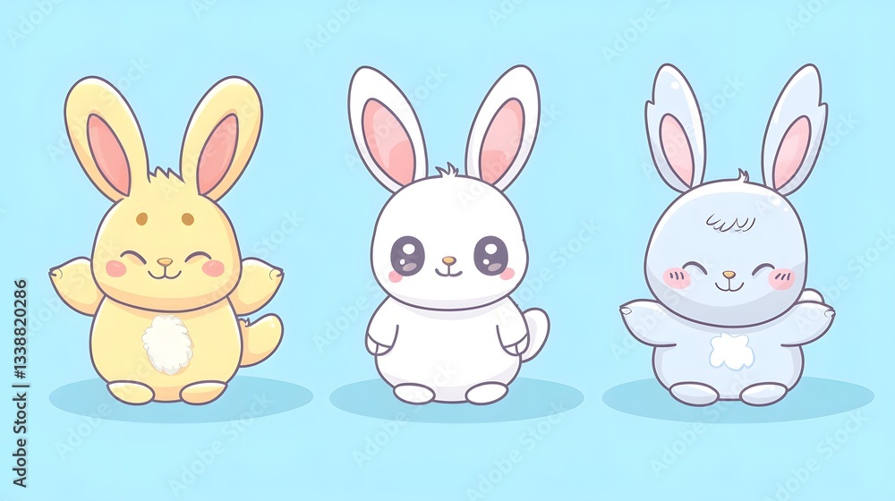 Collection of cute and adorable cartoon rabbit and bunny characters in a kawaii Japanese style flat Cheerful and happy fluffy animal mascots pets and icons perfect for children s decor gifts Collection of cute and adorable cartoon rabbit and bunny characters in a kawaii Japanese style flat Cheerful and happy fluffy animal mascots pets and icons perfect for children s decor gifts