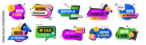 Refer a friend badges vector set. Referral program stickers or speech bubbles with smartphone, loudspeaker, tag and megaphone icons. Marketing design labels, signs for advertising or business network