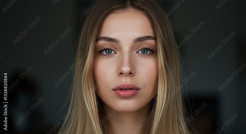 Naklejka premium Ethereal Portrait: A captivating portrait of a woman with long blonde hair and striking blue eyes, exudes an air of serenity and introspection, illuminated by soft, natural light.