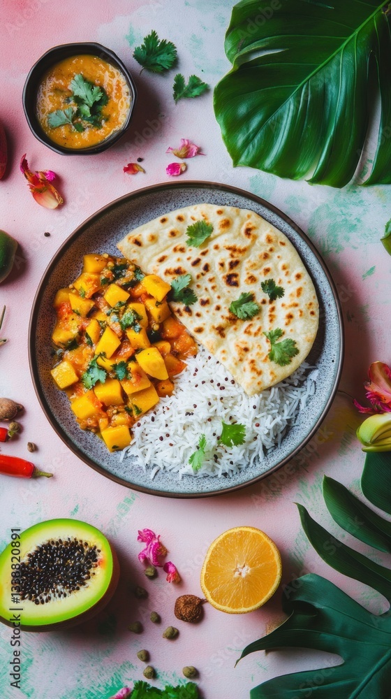 custom made wallpaper toronto digitalDelicious mango curry with rice and flatbread on tropical background.