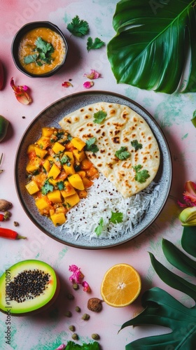 Wallpaper Mural Delicious mango curry with rice and flatbread on tropical background. Torontodigital.ca