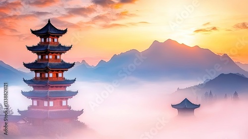 Wallpaper Mural Misty mountains scenic view landscapes concept. A stunning pagoda silhouette against a misty mountain sunset landscape. Torontodigital.ca