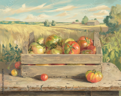Beautiful rustic painting of fresh tomatoes in a wooden crate with countryside background