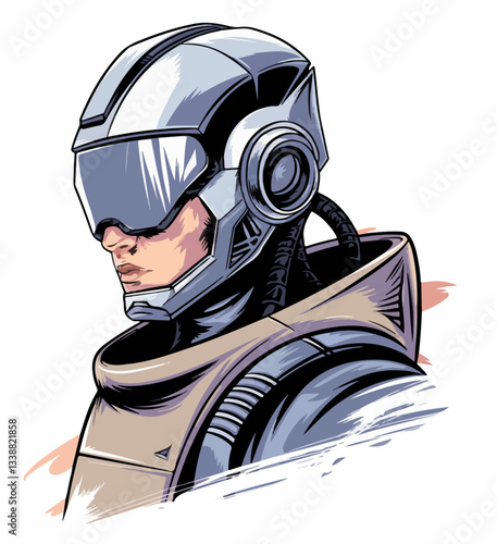 Futuristic soldier wearing advanced helmet and armor in a sci-fi digital illustration