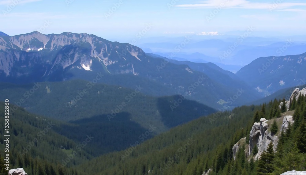 Fototapeta premium Majestic Mountain Panorama: A Breathtaking View of Rolling Hills and Verdant Forests