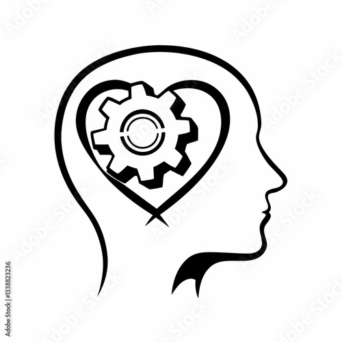 Abstract human head with heart and gear symbolizing emotional intelligence and thought