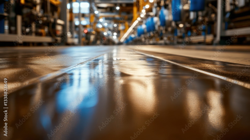 A detailed view of an industrial floor showcasing smooth reflective surfaces with bright lighting, creating a modern and dynamic atmosphere filled with energy. A detailed view of an industrial floor showcasing smooth reflective surfaces with bright lighting, creating a modern and dynamic atmosphere filled with energy.