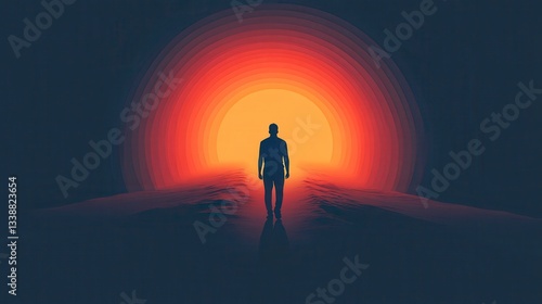 Silhouette of a Man Walking Towards a Bright Circular Light at the End of a Tunnel