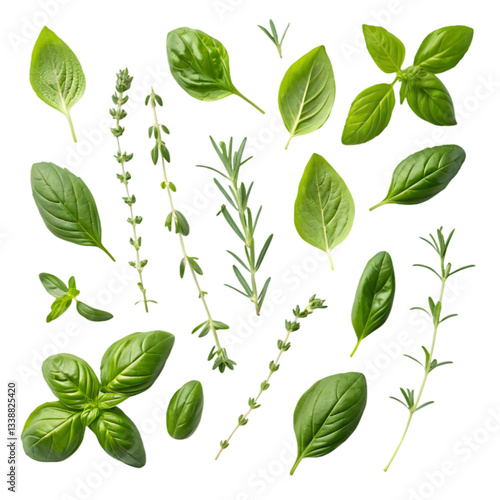 Fresh Herbs: Basil, Thyme, Rosemary on transparent background