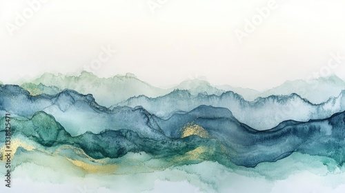 Abstract Teal Blue Green Watercolor Mountain Landscape with Gold Accents