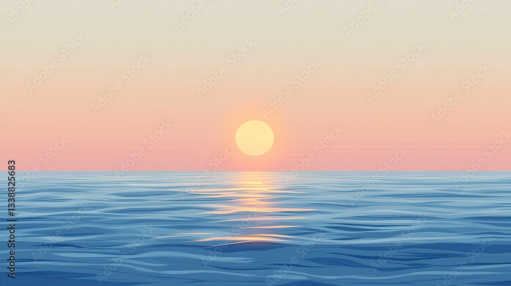 Fototapeta premium Serene Sunset Over Calm Ocean Minimalist Seascape Illustration