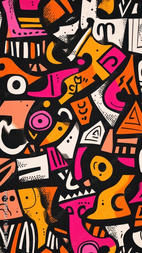 Obraz premium Vibrant handdrawn tribal doodles with bold 80s color combinations