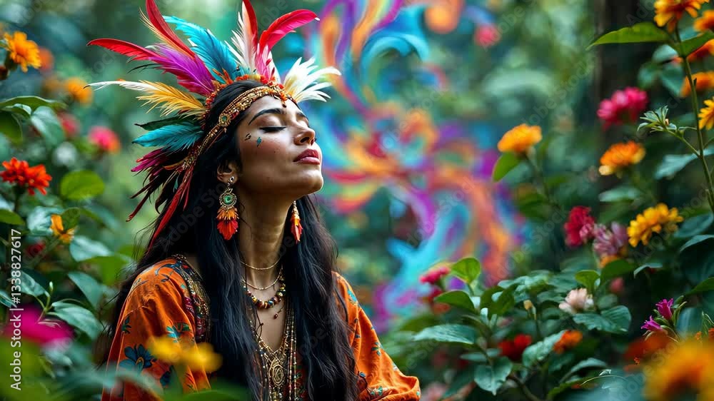 Spirit of the Forest: A woman adorned with a colorful headdress, eyes closed, amidst vibrant blooms and verdant foliage. A dreamlike depiction of a connection with nature and spiritual peace. Spirit of the Forest: A woman adorned with a colorful headdress, eyes closed, amidst vibrant blooms and verdant foliage. A dreamlike depiction of a connection with nature and spiritual peace.