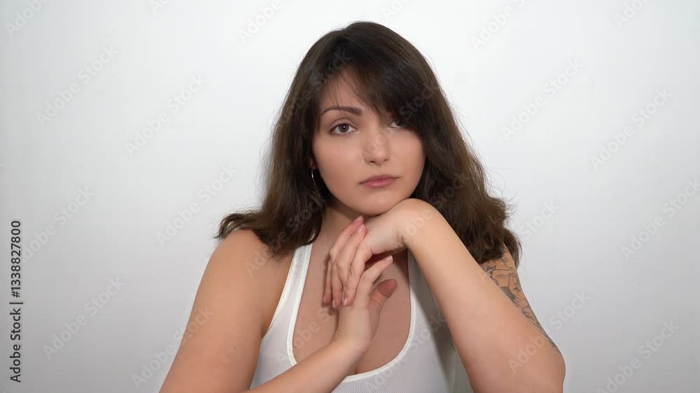 Sad Young Brunette Woman With Brown Eyes And Tattoo Posing On The White Background In The Studio Sad Young Brunette Woman With Brown Eyes And Tattoo Posing On The White Background In The Studio