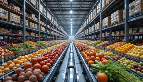 Vibrant vegetable and fruit distribution center warehouse food inventory indoor space aisle perspective efficient supply chain management