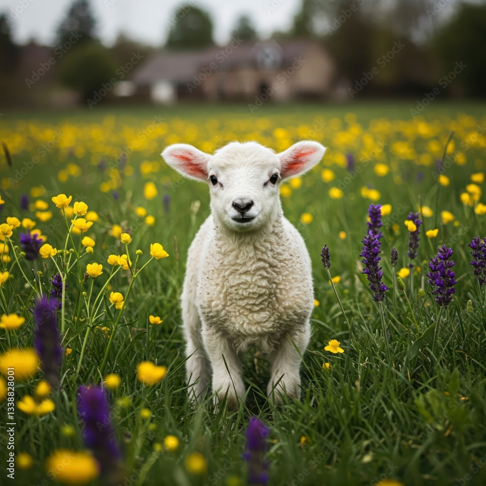 Fototapeta premium A close-up image of a young lamb standing in a field of yellow and purple wildflowers, with a blurred building in the background.