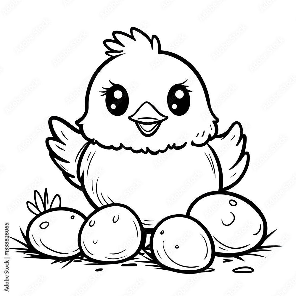 Fototapeta premium Coloring page for kids. Cute chick standing next to eggs in a grassy area during springtime