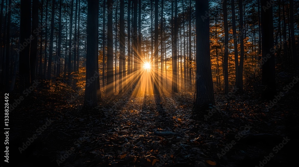 Fototapeta premium early morning in the forest, the sun has just risen, a ray of sunlight shines directly from the front