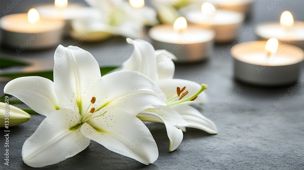 Lily and candles on gray background for condolence Lily and candles on gray background for condolence