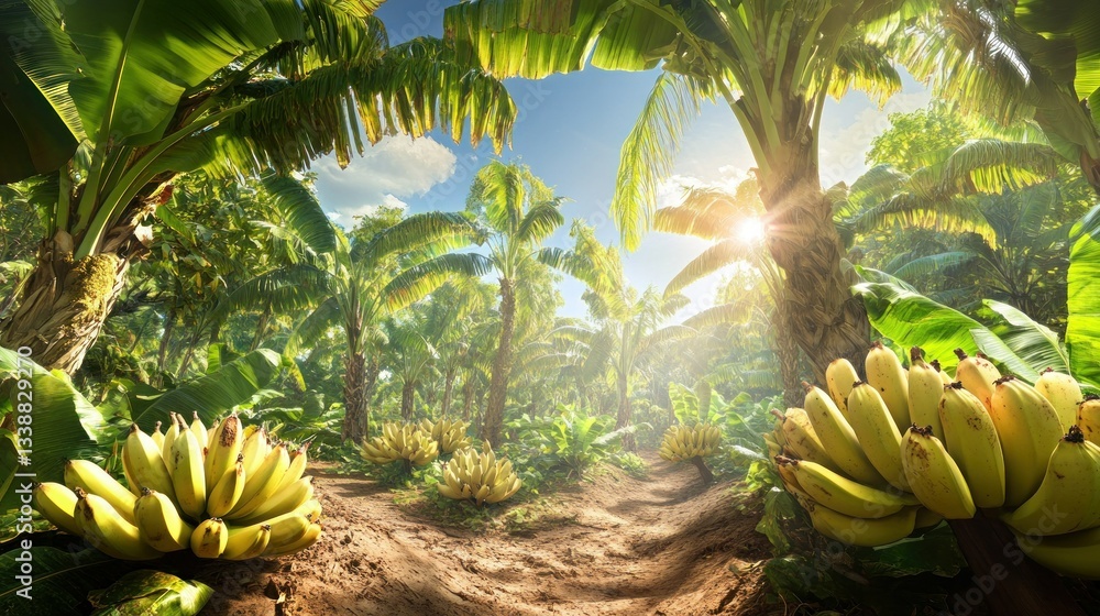 Fototapeta premium Lush banana plantation path at sunrise