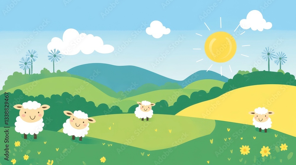 Fototapeta premium Idyllic Cartoon Sheep Grazing in Sunny Green Meadow Landscape
