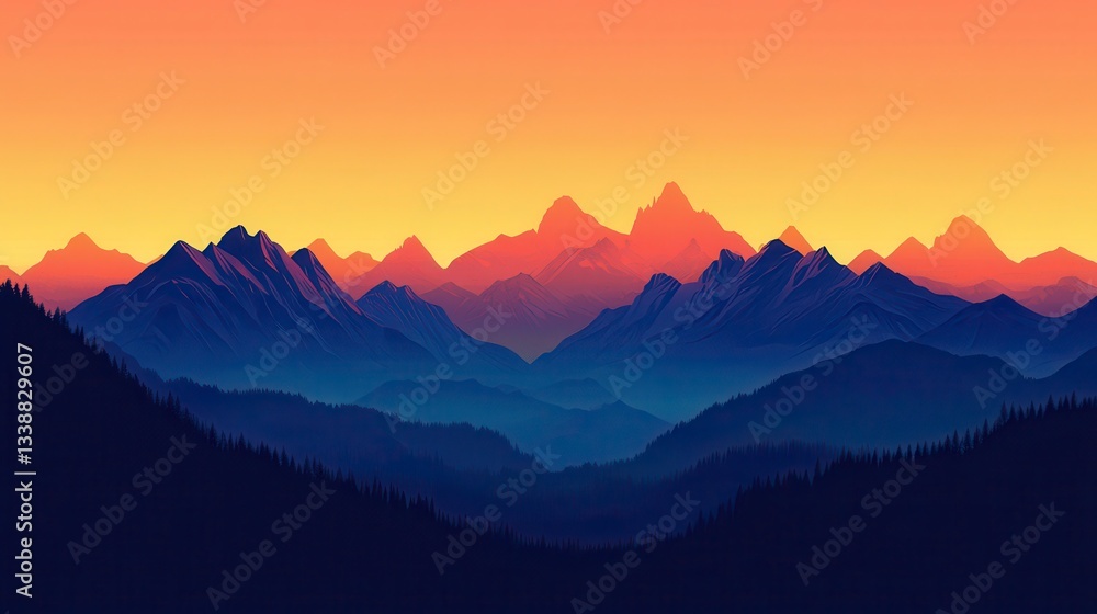Obraz premium Serene Sunset Over Majestic Mountain Range A Digital Landscape Illustration