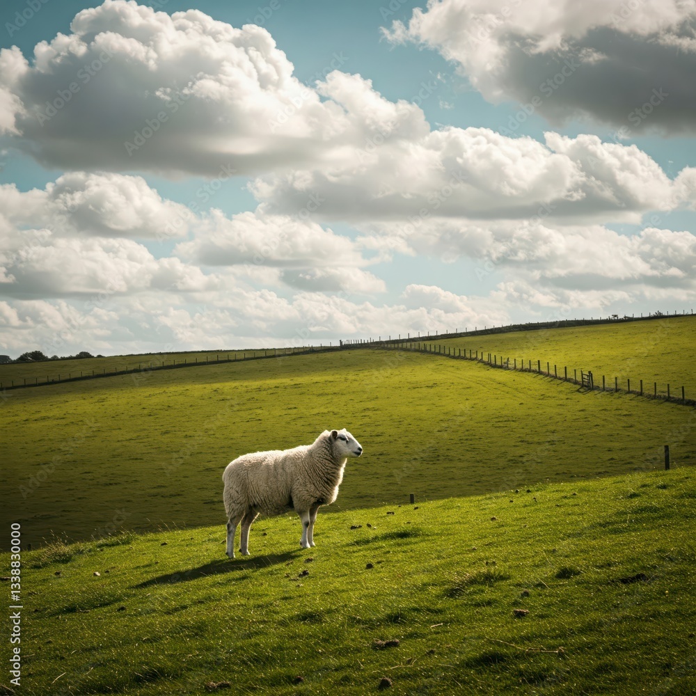 Fototapeta premium A lone sheep standing in a beautiful, green rolling field under a cloudy sky. A peaceful and idyllic pastoral countryside landscape scene.