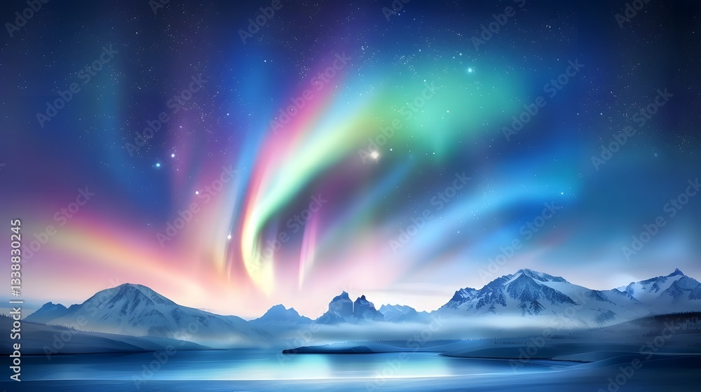 Naklejka premium Mesmerizing swirling northern lights aurora borealis pattern blending vibrant colors across a serene starry night sky creating a dramatic and mystical celestial landscape