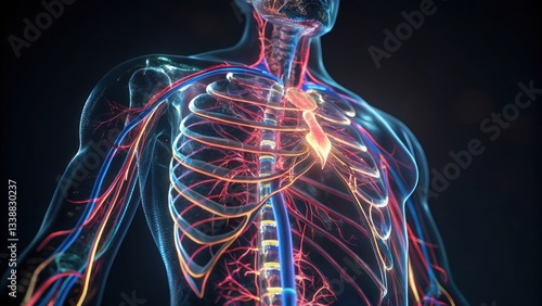 Biomechanical neon veins and arteries visualization human body digital dark background detailed view futuristic concept