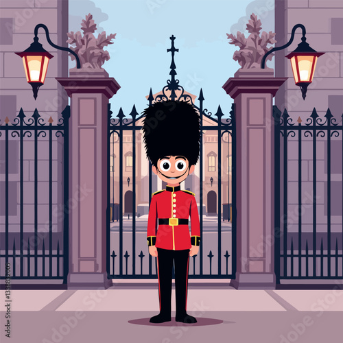 Vsai young queen's guard standing at attention in front of palace gates