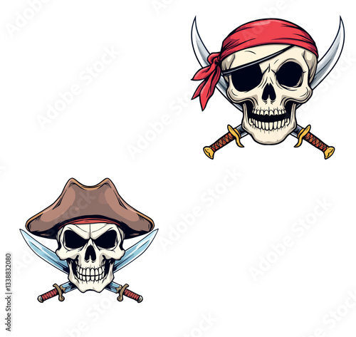 Vsai pirate skulls with crossed swords and bandana wearing tricorn hat